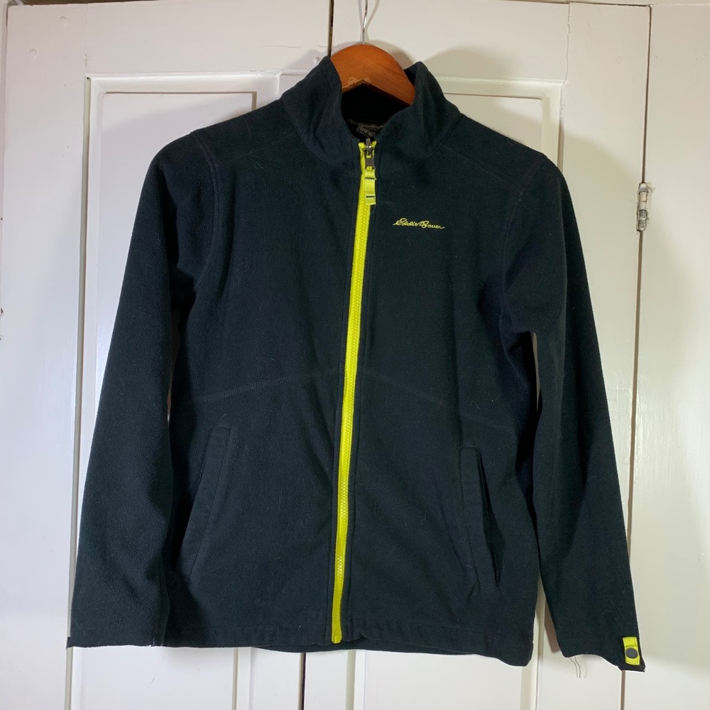 Eddie Bauer Kids Large 14-16 Fleece Jacket Black Full Zip Neon Yellow Contrast